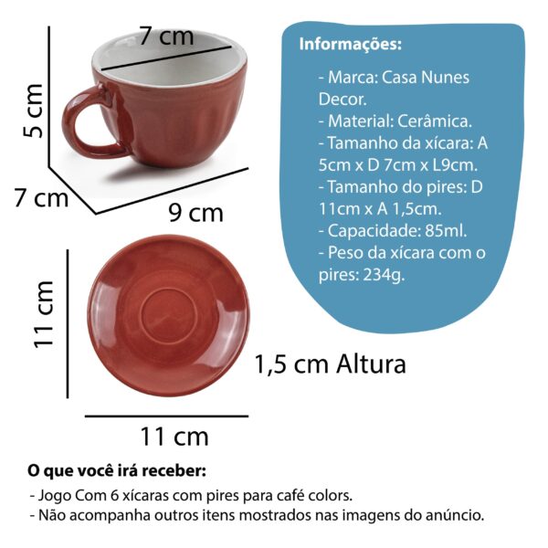 Jogo de xícaras com pires 6 peças - 210 ml - Imagem 4